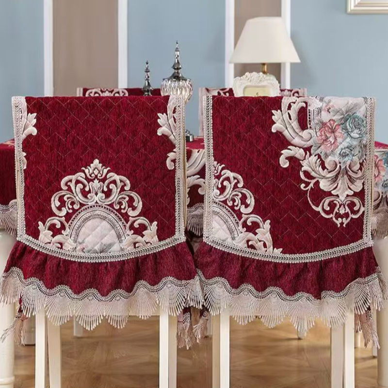 Fluwelen tafelkleed in Europese stijl, verbonden stoelhoes, kanten rand, geïntegreerde krukhoes, rond tafelkleed, verdikt kussen