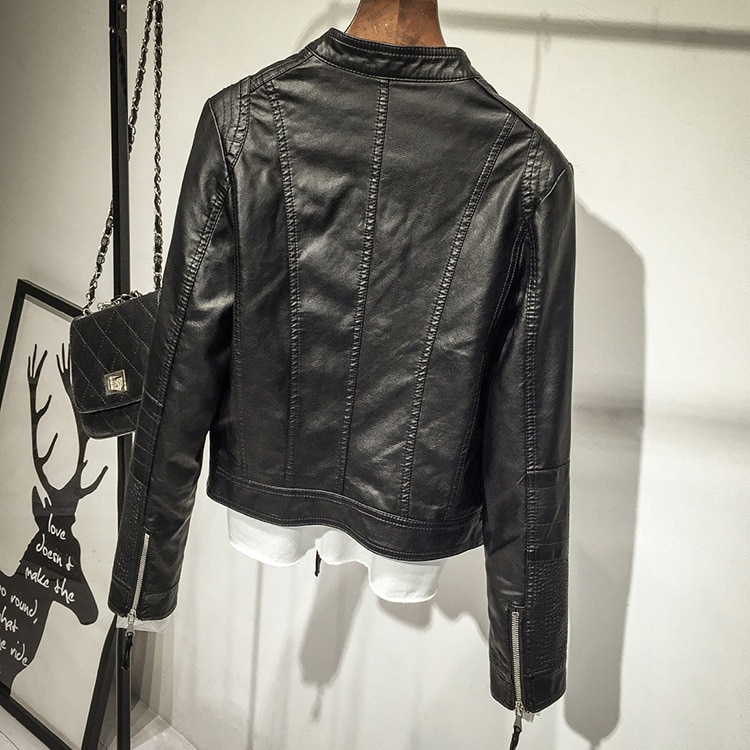 Chaqueta de cuero de talla grande para mujer, abrigo de bolsillo de manga larga con cremallera para primavera y otoño, cazadora de motorista a la