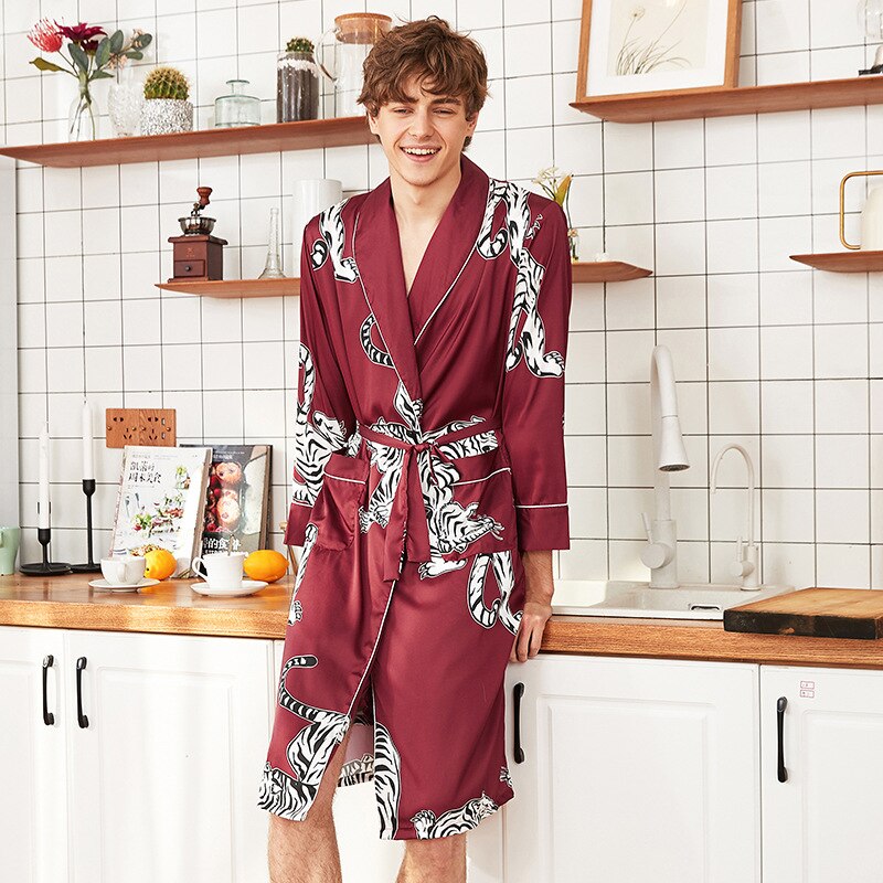 Summer Satin Kimono Bathrobe Men Robe Flower Print Nightwear Bath Gown Long Sleeve Silk Sleepwear Long Bathrobe Pijama: Wine Red / XL