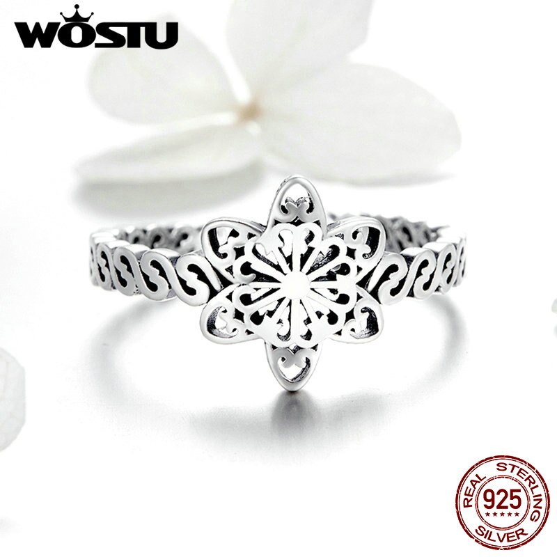 Wostu Authentieke 925 Sterling Zilveren Sneeuwvlok Bloem Ringen Voor Vrouwen Verstelbare Zilveren Ring Vinger Wedding Party Sieraden CQR482