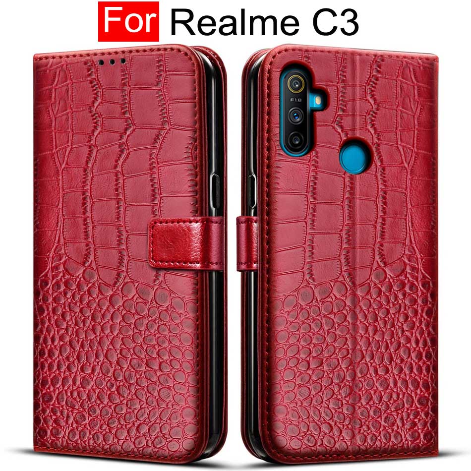 Case Voor Realme C3 Case Soft Silicon Tpu &amp; Leather Flip Back Cover Voor Oppo Realme C3 RMX2020 C 3 coque Capa Funda 6.5Inch Huid: Red
