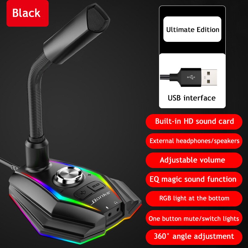 USB Microphone HD Sound Card With Speaker Headset Jack Free Drive Noise Reduction Rotate Receiver For Computer Mobile Phone: Black-USB-RGB-EQ-AUX