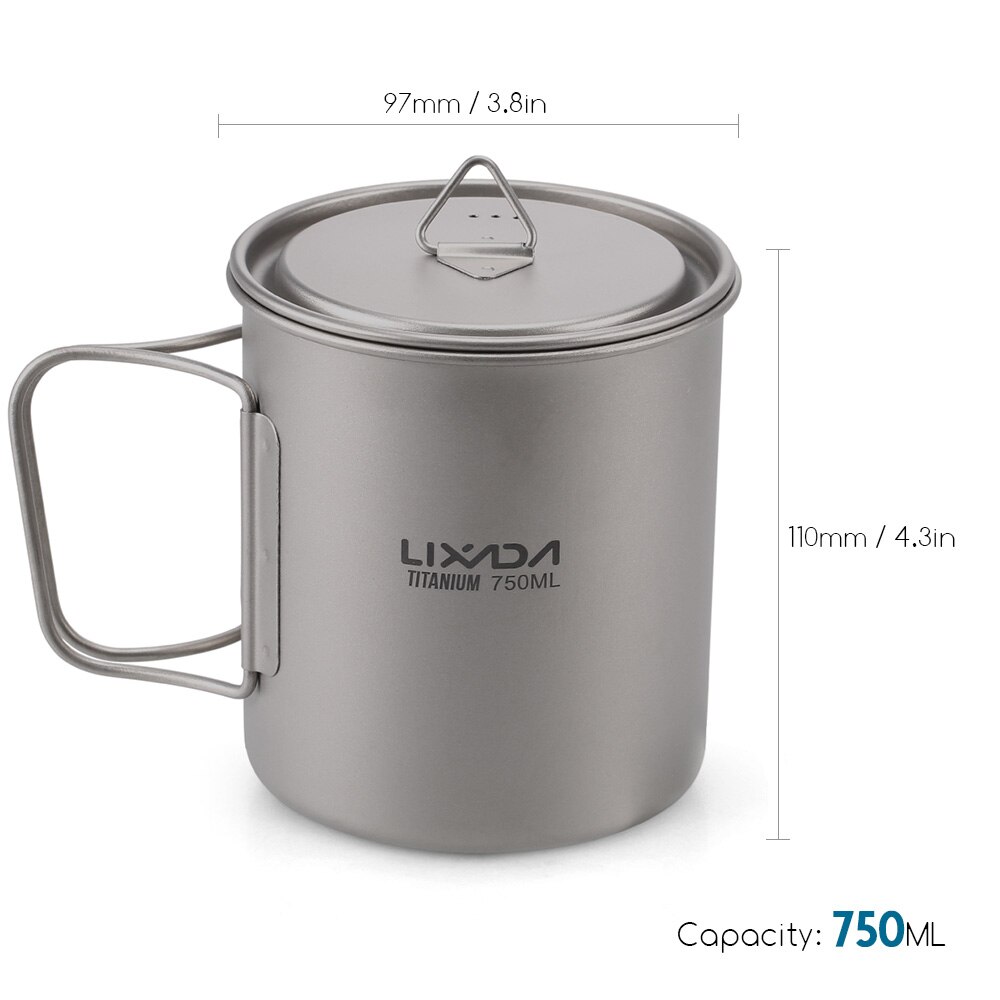 Lixada Ultralight Titanium Cup Pot Outdoor Portable Camping Picnic Water Cup Mug with Foldable Handle 300/350/420/550/650/750ml: 750 ML