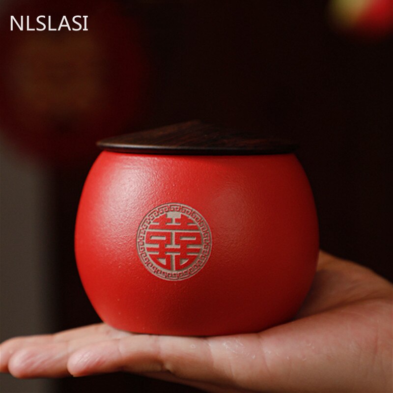 Chinese Red Ceramics Tea Caddy Travel Tea Bag Storage Box Sealed Tea Jar Coffee Canister Kitchen Spice Containers Wedding