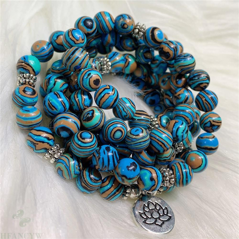 8 millimetri Blu A Strisce di Pietra 108 perlina pendente di Loto Braccialetto di Stirata Fatti A Mano Buddismo Chakra Pregate Colorato Meditazione Spiritualità