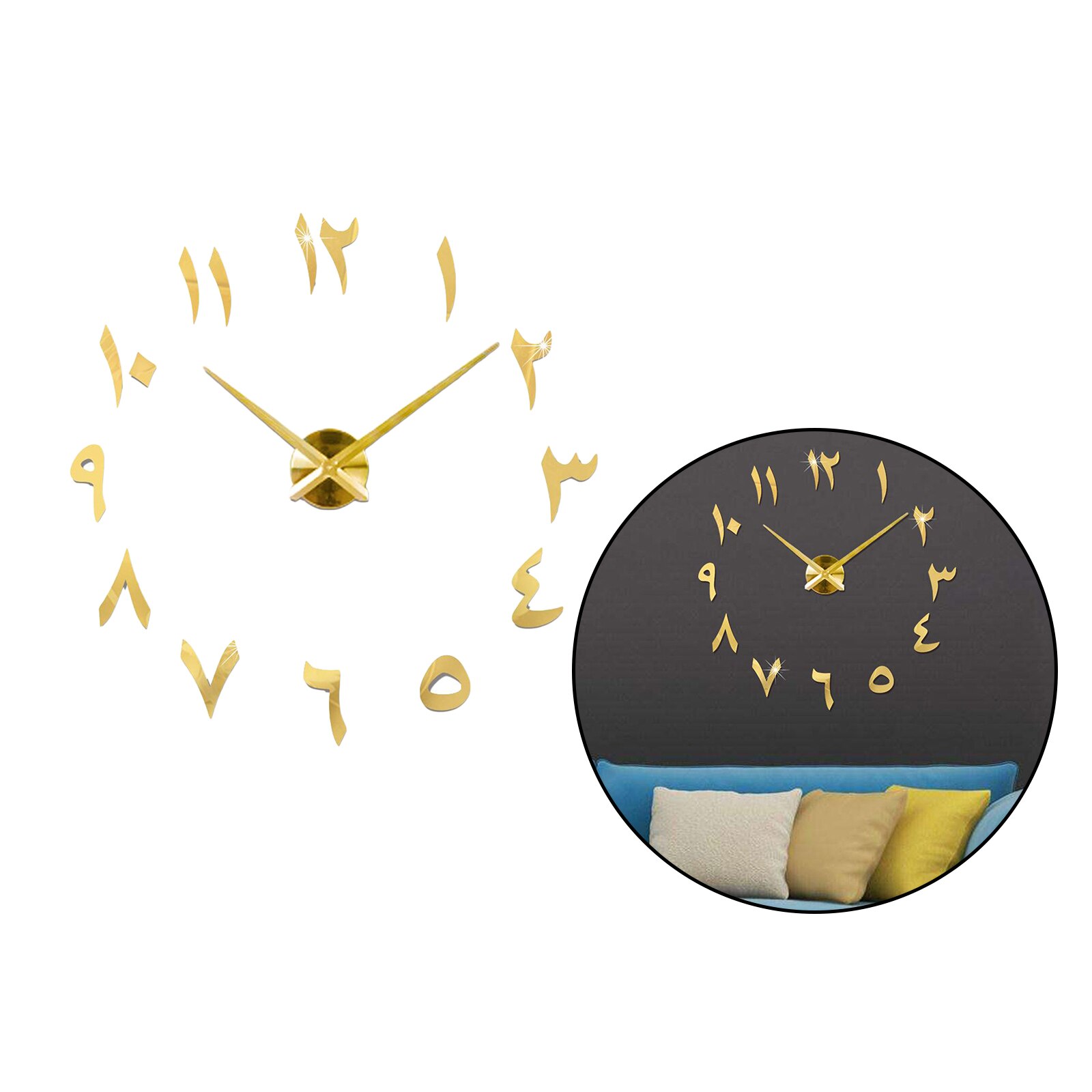 Vægur 3d arabiske tal spejl klistermærker mute ur diy til boligindretning: Gylden