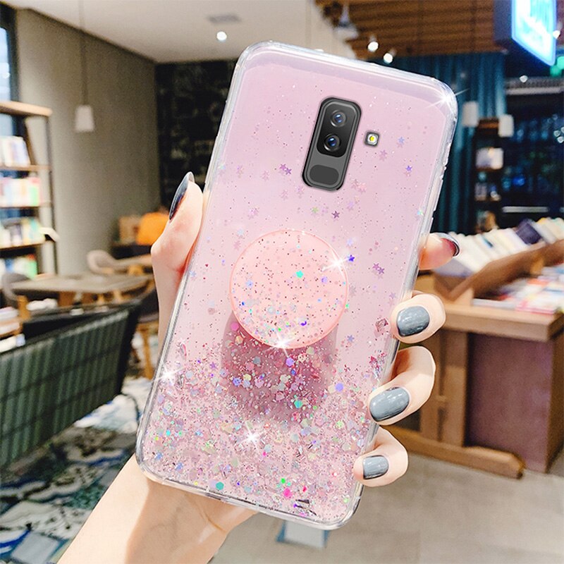 Handyhülle mit silberner folie für samsung Galaxis  a6 a8 Plus, glitzernde, weiche silikonhülle mit ständer