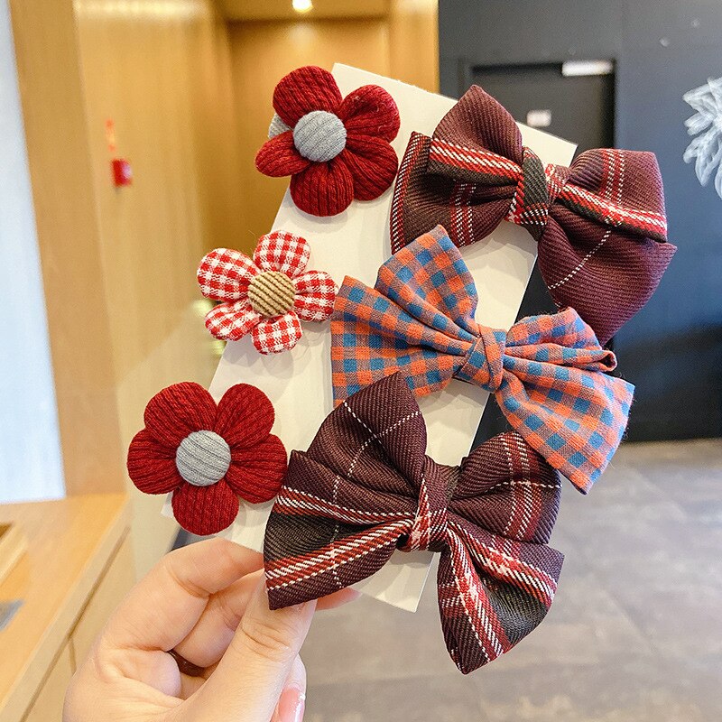 6/7 Pcs Baby Haar Clips Bloem Bogen Kids Haarspelden Voor Meisjes Plaid Gedrukt Kinderen Haarspeldjes Baby Meisje Haar Accessoires: 6pcs red