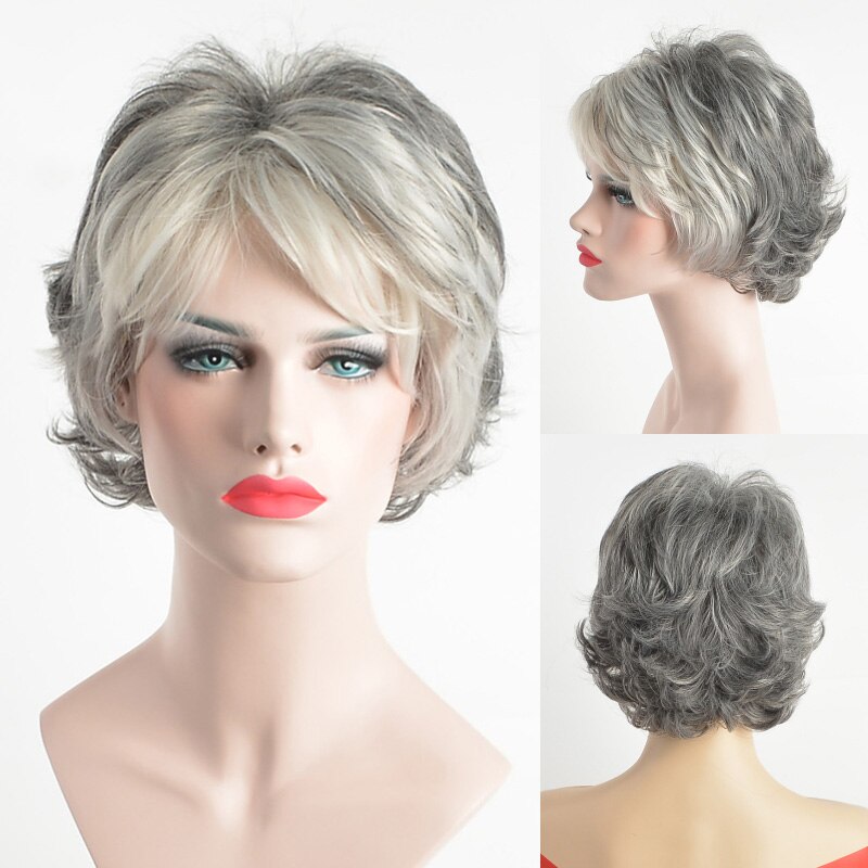 MSIWIGS Straight Short Wig for Elder Women Silver White Grey Synthetic Wigs with Bangs Natural Ombre Hair Africa American Wig: TB/Dark Grey