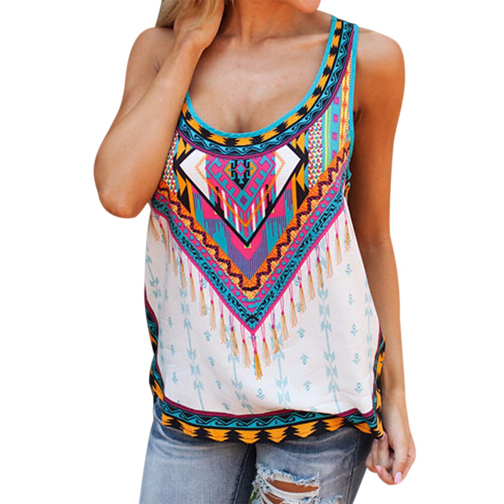 Boho femmes fleur été gilet sans manches plage chemise Blouse réservoir hauts T-Shirt femmes Boho imprimer t-shirts sans manches en vrac: S