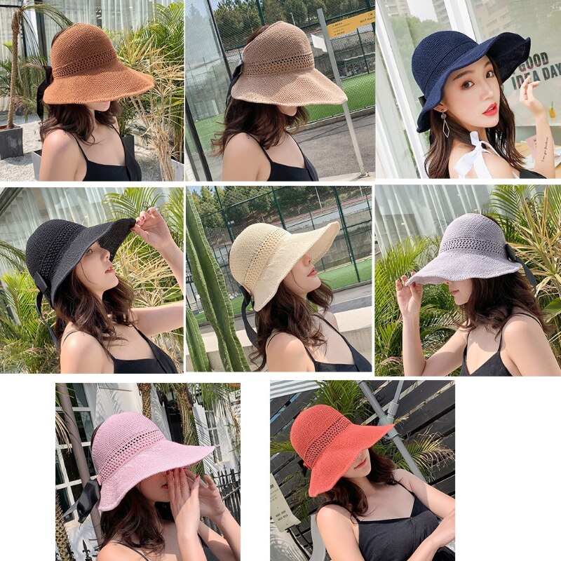 Visera de malla tejida para mujer, gorro de playa con lazo, Top abierto enrollable, ala ancha empaquetable, sombrero de protección solar UV de viaje para verano