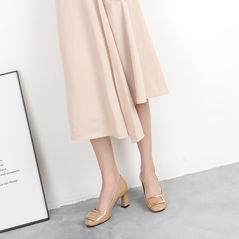 Vrouwen Pompen Zwart Beige Hoge Hakken Dame Lakleer Dik Met Herfst Wees Enkele Schoenen Vrouwelijke Werkschoenen