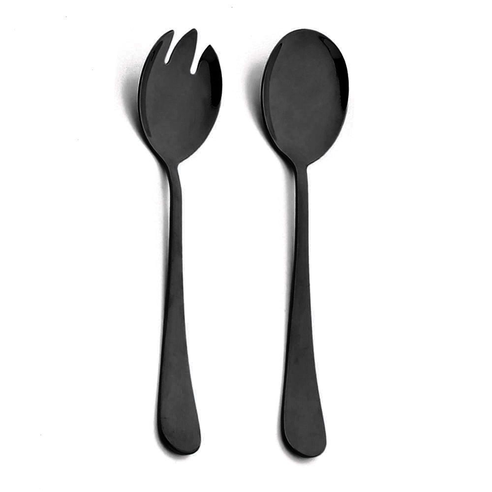 Cuchara para ensalada negra, tenedor de acero inoxidable para ensalada, postre, juego de cubiertos, cucharas para servir, accesorios de utensilios de cocina, vajilla, 2 uds.