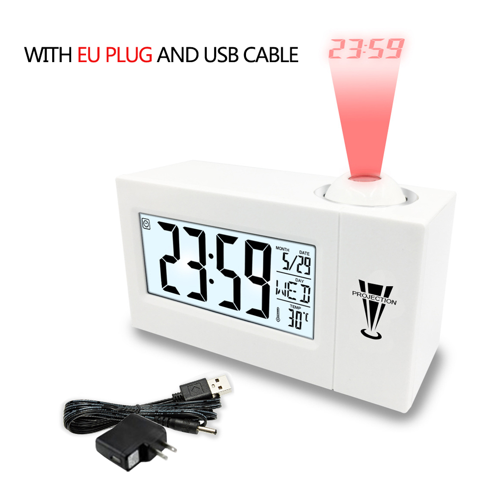 Väckarklocka med termometer kalender datum visning ändra snooze led bord klocka med eu us plug, projektion digital klocka: Vit 2 med eu-kontakt