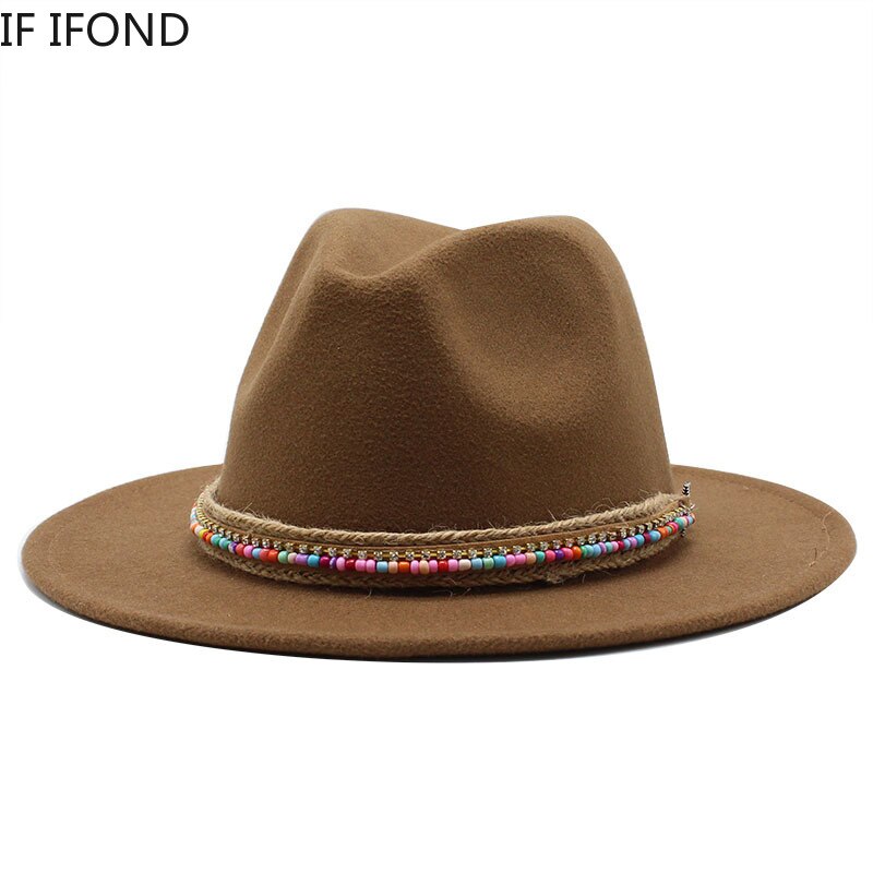 Simple Wool Vintage Fedora Hat Winter Autumn Lady Trilby Felt Hat Wide Brim Jazz Church Caps