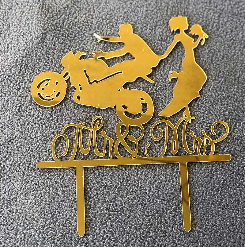 gemischt Lustige Stil Motorrad Paar Hochzeit Kuchen Deckel Acryl Braut Und Bräutigam Kuchen Deckel Herr & Frau Fahrrad Kuchen Deckel: Stil 17 Spiegel Gold