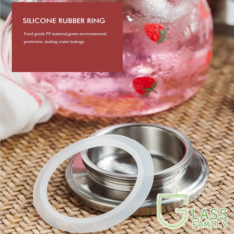 Glass Water Pitcher with Strawberry Pattern Glass Jug with Stainless Steel Lid and Filter Heat Resistant Carafe Glass Cup Set