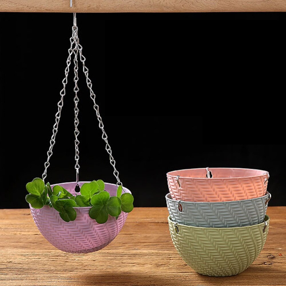 Hanging Baskets Rattan Woven Round Plastic Flower Pot Plant With Chain Houseplants Sky Planter Garden Balcony Decor