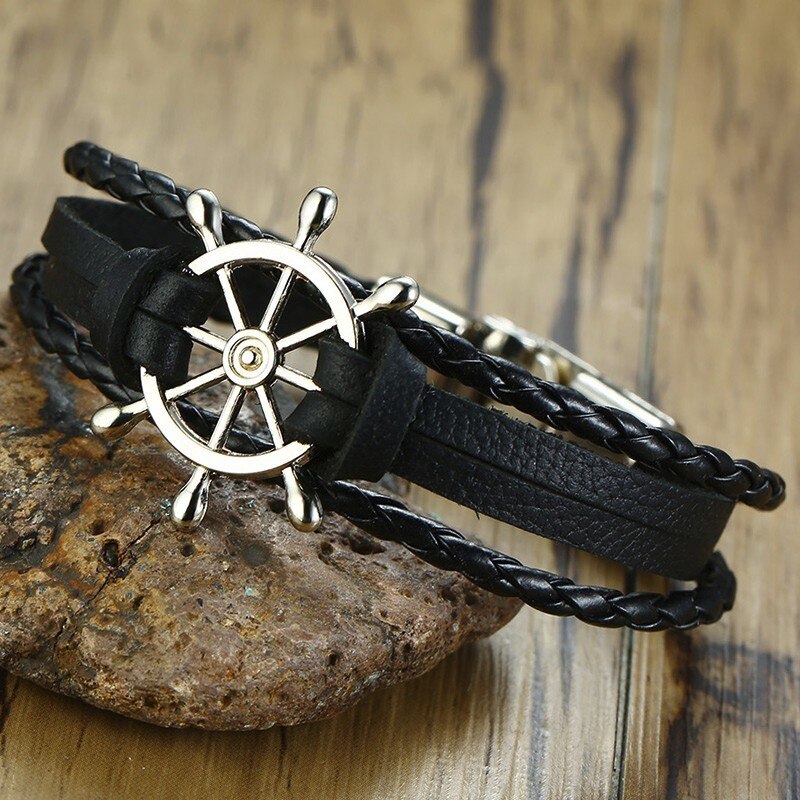 Pulsera de cuero multicapa con timón de marinero para hombre y mujer, brazaletes náuticos, brazalete Vintage,