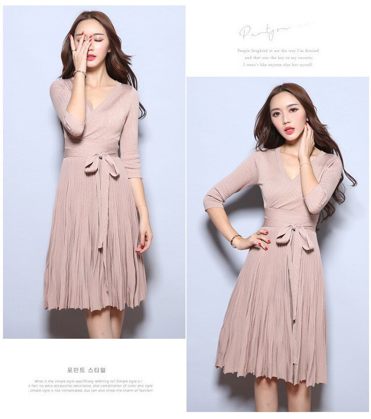 Autumn Winter Women Christmas Knee-Length Knitted Sweater Dress Casual Long Pleated Dress For Women Vestidos