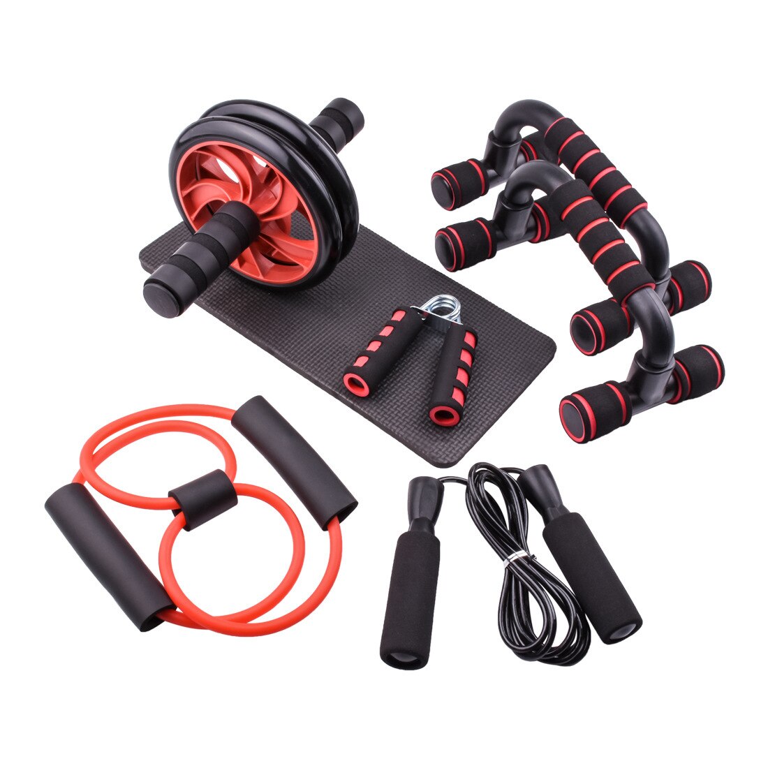 7Pcs Ab Roller Buik Wiel Push-Up Beugel Weerstand Touw Grip Sterkte Apparaat Oefening Abdominale Spieren Fitness Apparatuur: Rood
