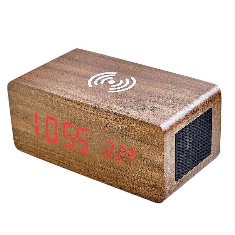 Wood Alarm Clock Bluetooth Speaker Desk USB Digital Clocks LED Wireless Charging Phone Temperature Wooden Table: Brown   red