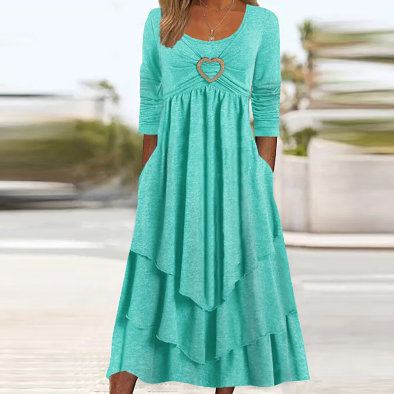Office Women Patchwork Pockets Midi Dress Round Neck Basic Solid Long Sleeve Dress Lady Casual Summer Ruffles Club Dress