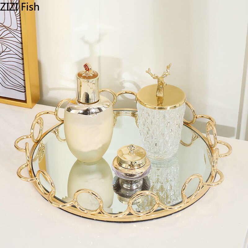 Placa de ouro doces sobremesa bandeja geométrica chapeamento metal vidro espelho prato jóias placas exibição rústico europeu decoração da sua casa