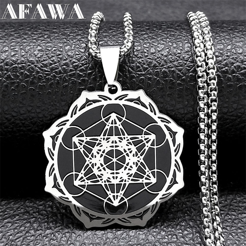Sacred Geometry Metatron Cube Angel Seal Archangel Necklace for Women Men Stainless Steel Flower of Life Lotus Chain Jewelry