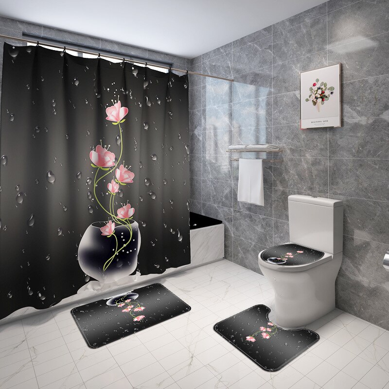 Gedrukt Bloemen Badmat En Douchegordijn Set Microfiber Wc Cover Badmat Badkamer Voet Mat Absorberende Wc Vloer Tapijt: 4pcs-804