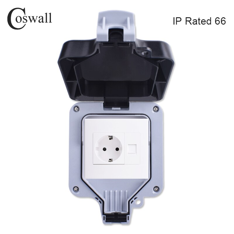 Coswall IP66 Waterproof Outdoor BOX EU Standard Wall Socket With 1 Gang Switch / Female TV Jack / CAT6 RJ45 Data Internet Outlet