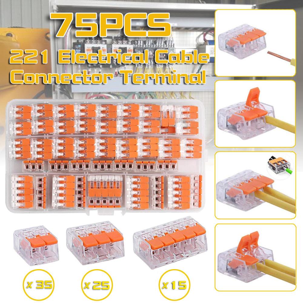 75Pcs 221 Electrical Connectors Wire Lever Block Clamp Terminal Cable 2 3 5 way