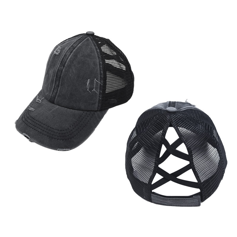Trou casquette de Baseball réglable unisexe Sports de plein air maille été voyage autocollant magique soleil chapeau Criss croix queue de cheval décontracté