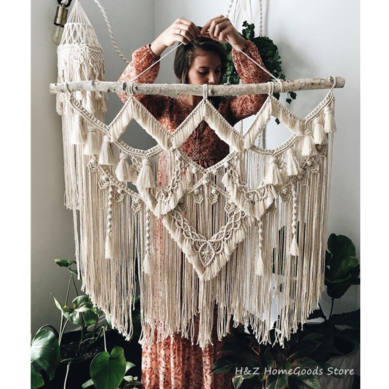 Tapiz grande de macramé para colgar en la pared, decoración atística de pared geométrica, fondo bohemio para dormitorio, tapiz tejido artesanal Chic: Style B 110X110cm