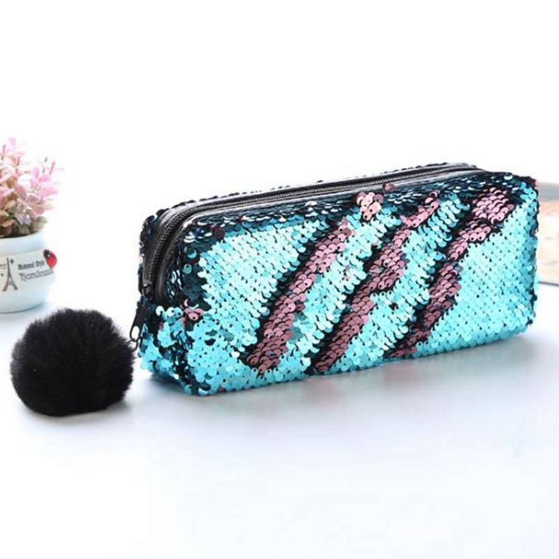 Estuche para lápices con lentejuelas para niñas, material escolar, estuche para lápices con bolas de pelo, caja de lápices Estuche para escolar