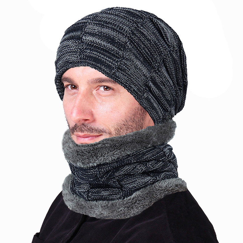 Vinter mænd hue og tørklæde sæt til kvinder mandlige ring tørklæder cap strik beanies slouchy hat blød stretch kabel skullies varm jakkesæt
