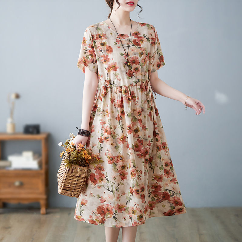 Summer Cotton Linen Literary Vintage Printing Loose Casual Robe Ladies Round Neck Lace Up Waist Dress Vestidos De Fiesta: L / army green