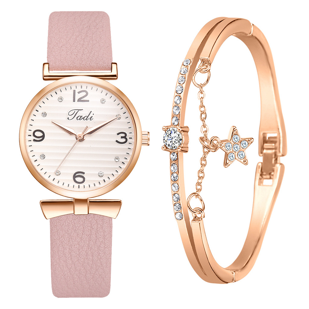 Top Brand Dress Female Watches Simple Rhinestone Woman's Watch Bracelet Set 2PCS Leather Ladies Wristwatch reloj mujer: pink set