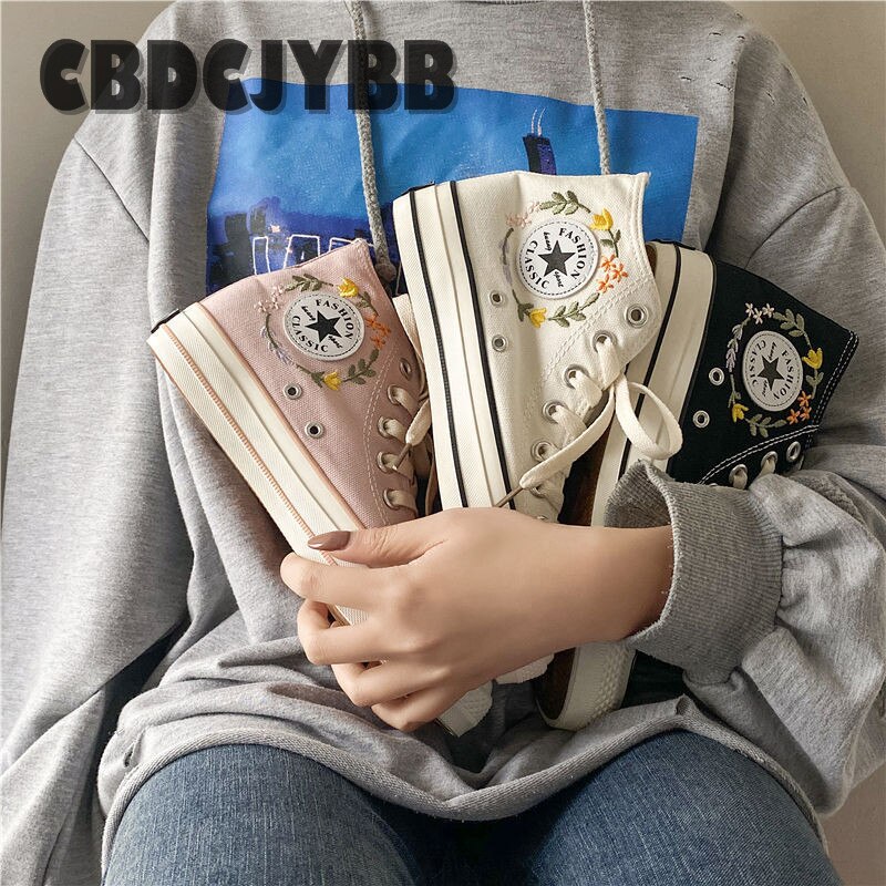 Spring Women Embroidery High Top Canvas Shoes Flat Casual Custom Sneakers skateboarding shoes Student Shoes