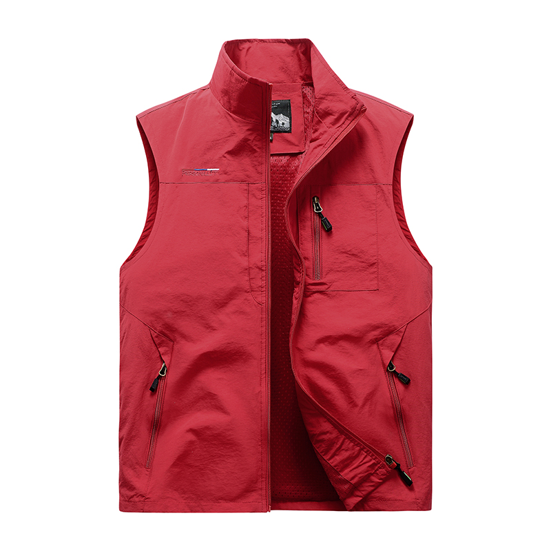 Gilet da uomo giacche gilet da pesca all'aperto 2024 estate tinta unita colletto alla coreana arrampicata escursionismo lavoro senza maniche con tasca: 6XL / Rosso