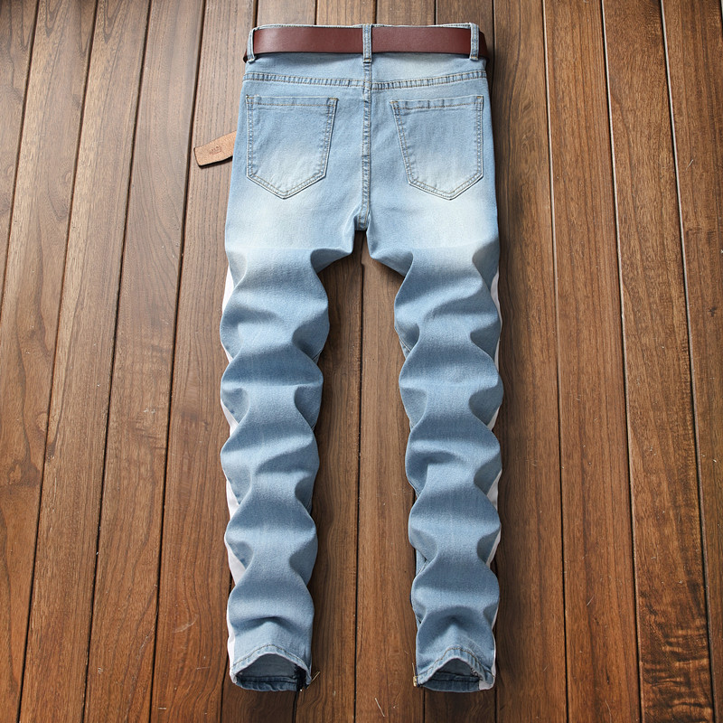Aangekomen Mannen side witte streep biker jeans denim ripped knie gaten slim avondmaal skinny hip hop jeans mannen