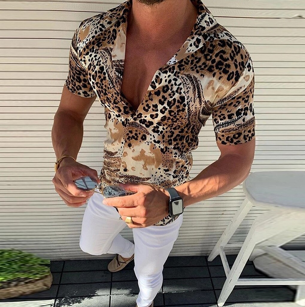 @ plus size kortærmet herre skjorte sommer casual slim fit leopard skjorter mænd kjole tøj toppe camisa masculina: M