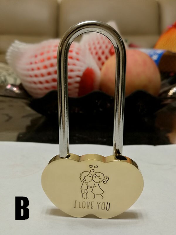 Mini messing hængelås kærlighedslås ønske lås graveret dobbelt hjerte valentines jubilæumsdag elskere bryllup kærligheds lås: B