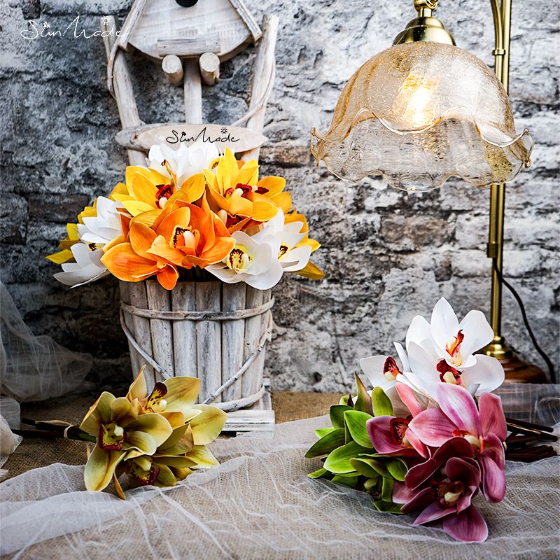 SunMade-ramo de orquídeas blancas de lujo, decoración para el hogar, decoraciones de otoño, Flores Artificiales, bricolaje, 4 Uds./lote
