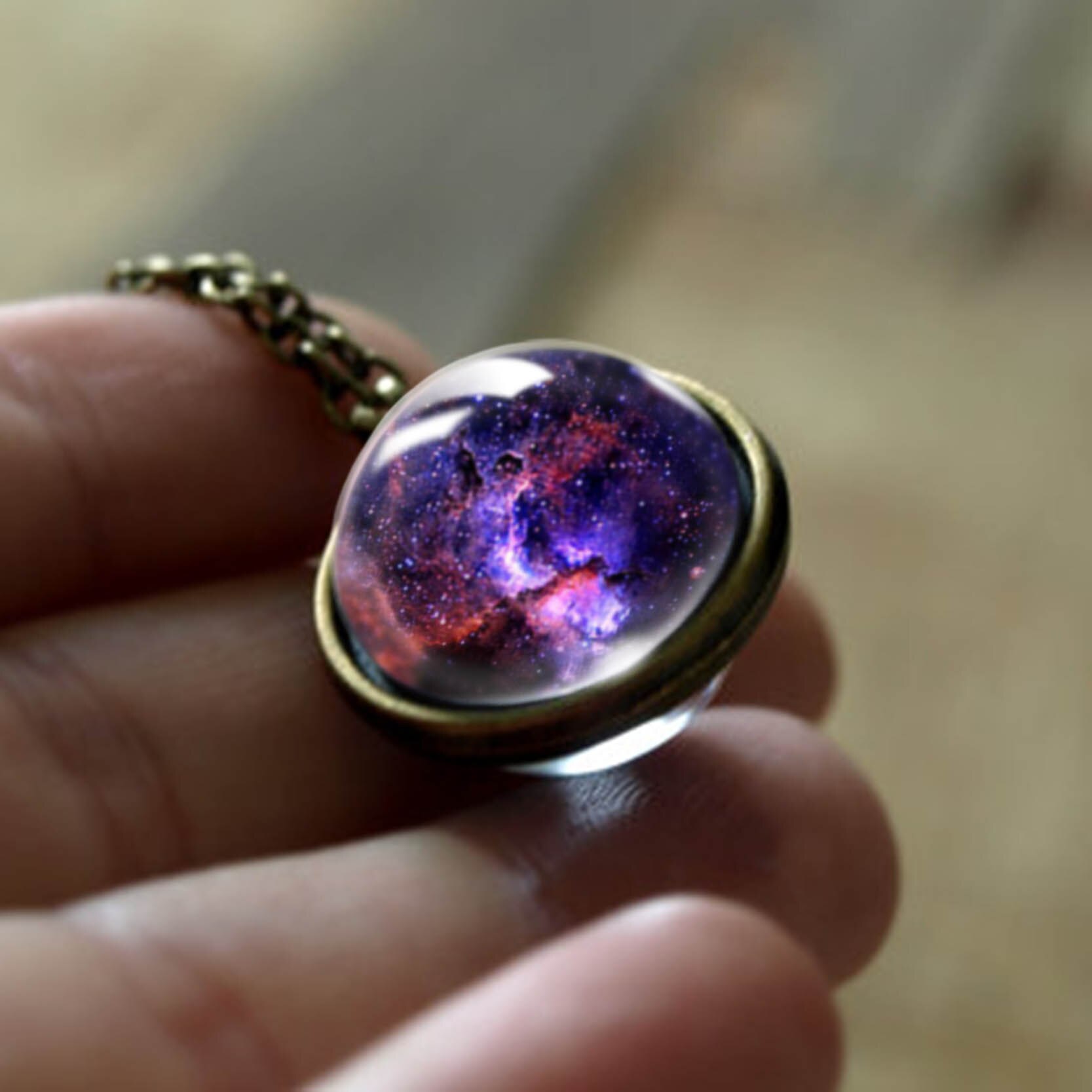 Nebula Galaxy Double Sided Pendant Necklace Universe Planet Jewelry Glass Art Picture Handmade Statement Necklace: LGS0036