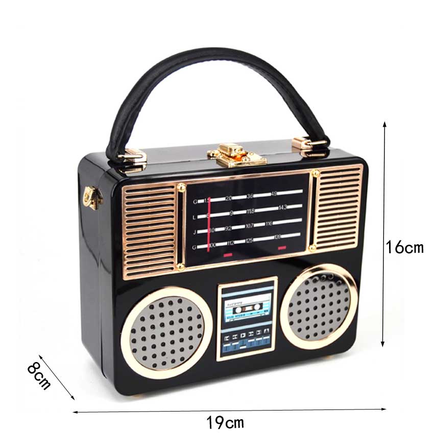 Caja de mano de Radio acrílica negra para mujer, bolso de mano de para , bolso de noche, bolso de maletero, Pochette con bolso de hombro con correa