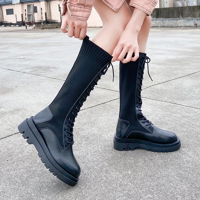 automne femmes tricot tissu élastique genou bottes hautes à lacets plate-forme longues bottes femme PU Patchwork moto Botas Mujer