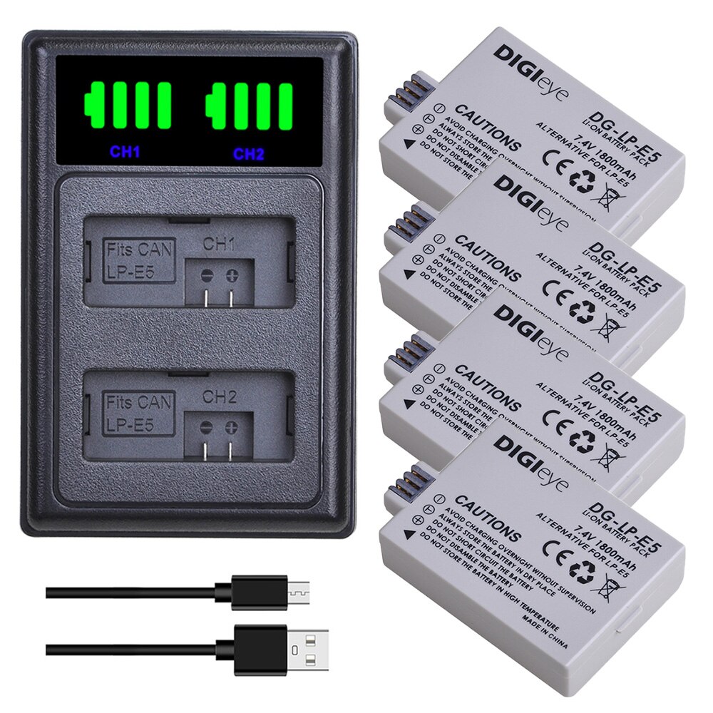 Batería LP-E5 LP E5 de 1800mAh, cargador Dual LED para Canon EOS Rebel XS, Rebel T1i, Rebel XSi, 1000D, 500D, 450D,Kiss X3,X2,F: 4 battery set