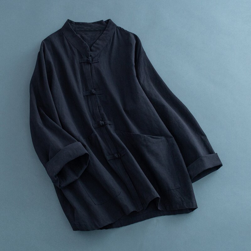 Traditional Chinese Clothing For Women Blouse Stand Collar Chinese Mandarin Jacket Linen Pocket Shirt Ladies Chinese Tops FF2466