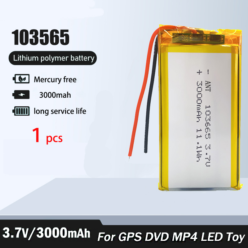 3000mAh Recargable 3.7V 103665 Batería de polímero de litio Gps para grabadora de conducción con luz LED, cámara PSP, Altavoz Bluetooth: Oro